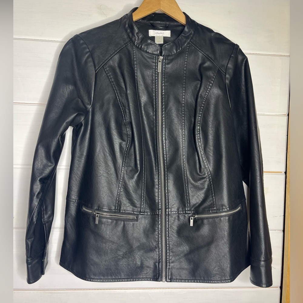 CJ Banks Black Faux Leather Jacket Size X zipper front with zipper pockets